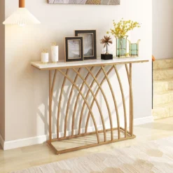 Schmaler Konsolentisch mit Marmor Optik & Geometrischem Metallrahmen 120 x 30 x 80 cm