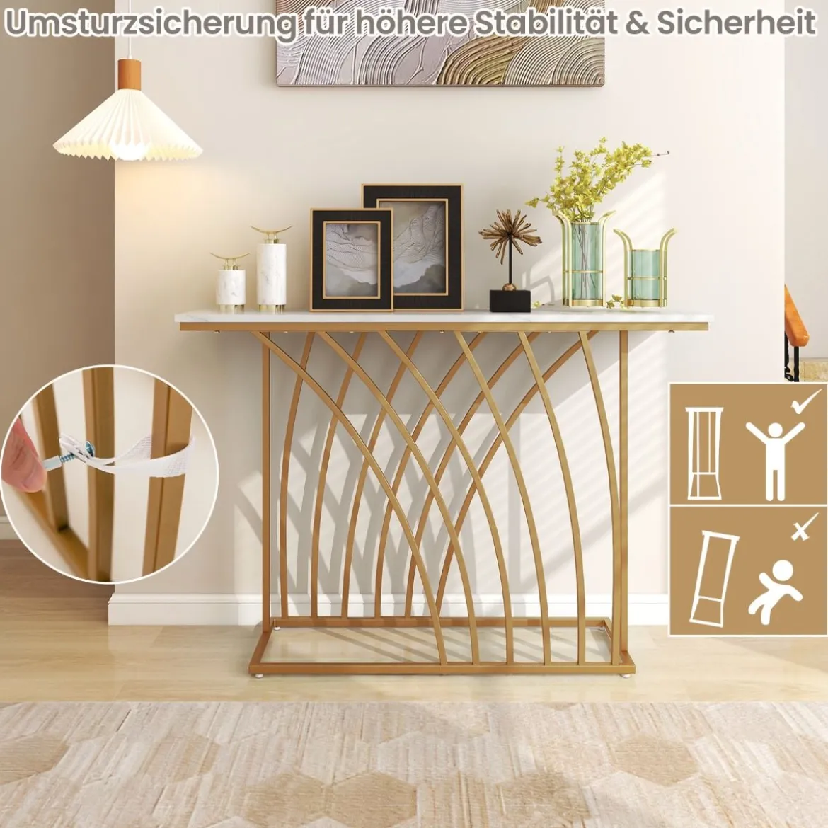 Schmaler Konsolentisch mit Marmor Optik & Geometrischem Metallrahmen 120 x 30 x 80 cm