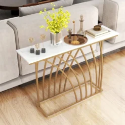 Schmaler Konsolentisch mit Marmor Optik & Geometrischem Metallrahmen 120 x 30 x 80 cm