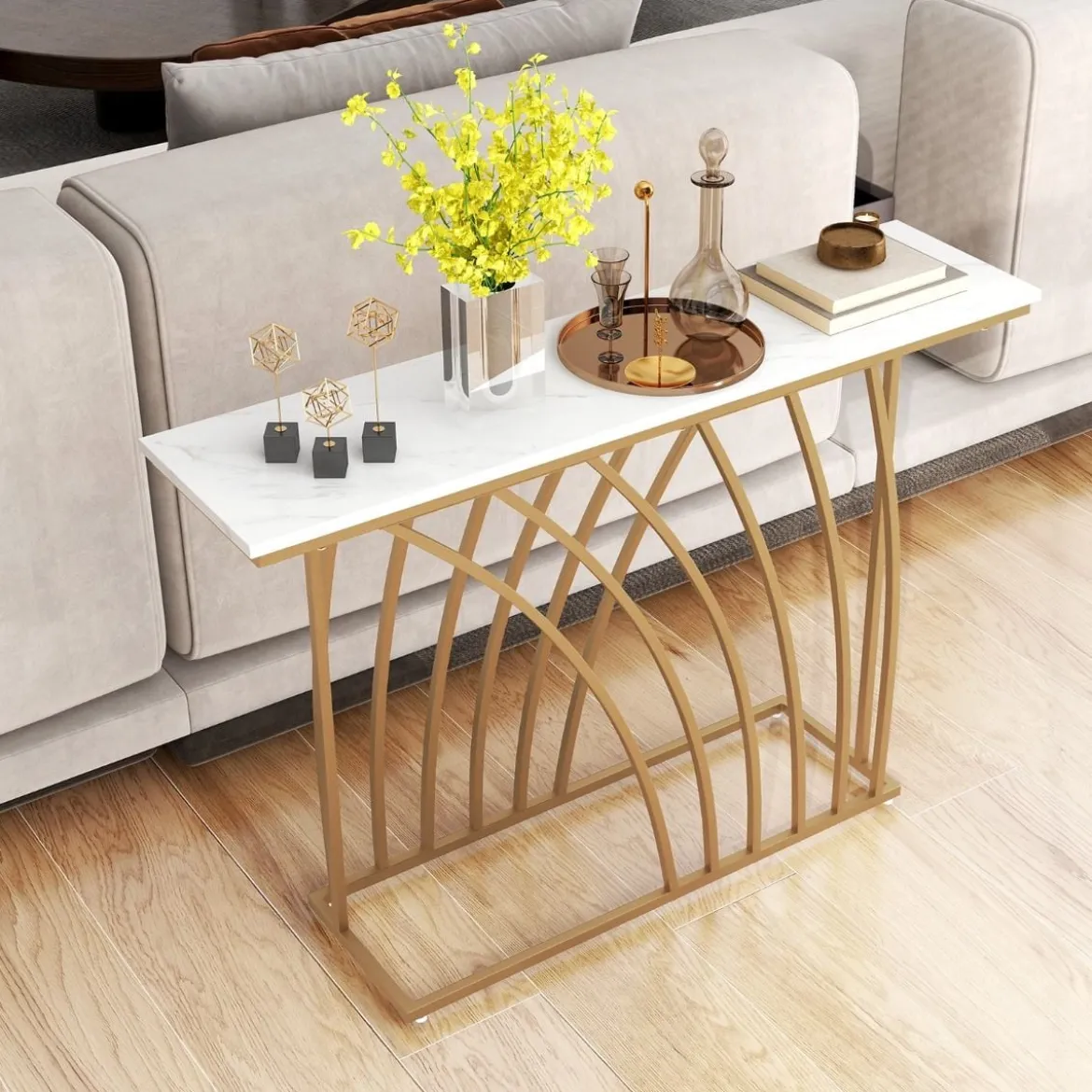 Schmaler Konsolentisch mit Marmor Optik & Geometrischem Metallrahmen 120 x 30 x 80 cm