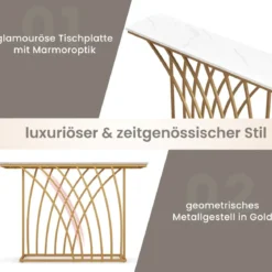 Schmaler Konsolentisch mit Marmor Optik & Geometrischem Metallrahmen 120 x 30 x 80 cm