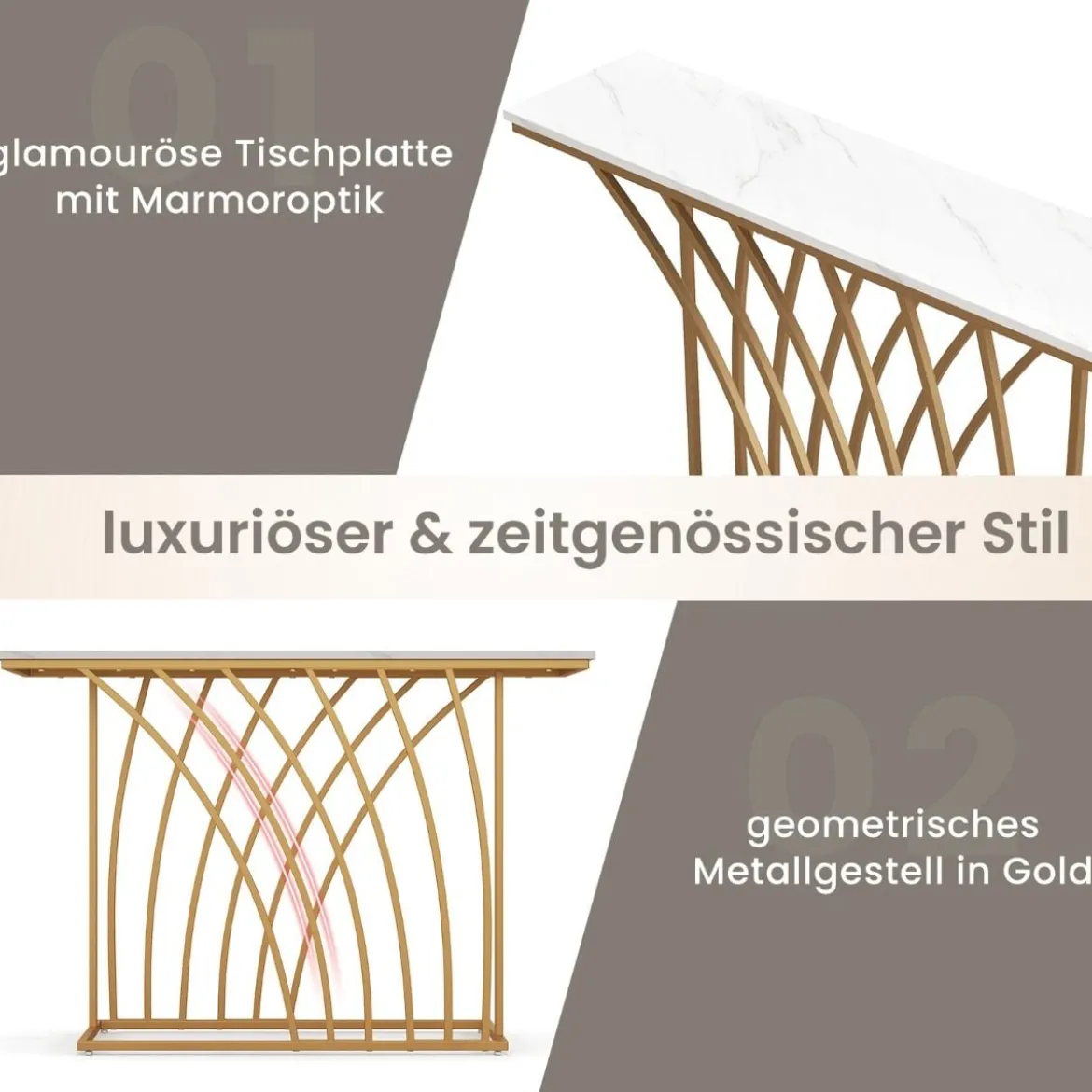 Schmaler Konsolentisch mit Marmor Optik & Geometrischem Metallrahmen 120 x 30 x 80 cm
