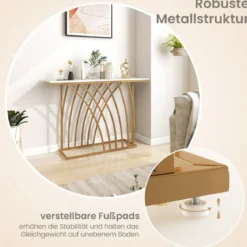 Schmaler Konsolentisch mit Marmor Optik & Geometrischem Metallrahmen 120 x 30 x 80 cm