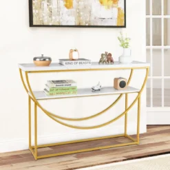 Schmaler Konsolentisch mit Marmorplatte 2 Ebenen Sofatisch Eingangstisch 120 x 30 x 80,5 cm