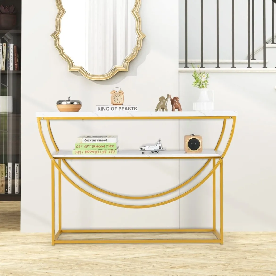Schmaler Konsolentisch mit Marmorplatte 2 Ebenen Sofatisch Eingangstisch 120 x 30 x 80,5 cm