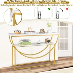 Schmaler Konsolentisch mit Marmorplatte 2 Ebenen Sofatisch Eingangstisch 120 x 30 x 80,5 cm