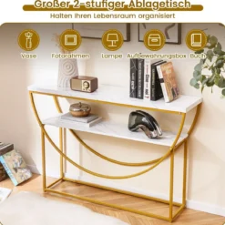 Schmaler Konsolentisch mit Marmorplatte 2 Ebenen Sofatisch Eingangstisch 120 x 30 x 80,5 cm