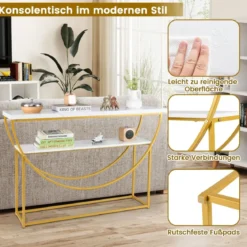 Schmaler Konsolentisch mit Marmorplatte 2 Ebenen Sofatisch Eingangstisch 120 x 30 x 80,5 cm