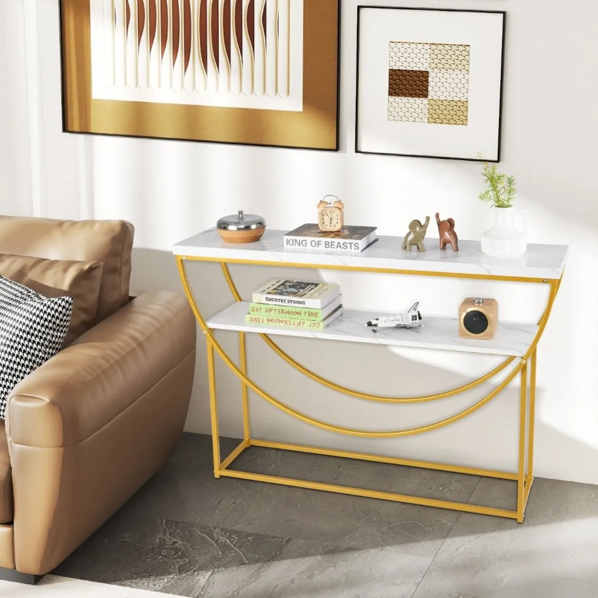 Schmaler Konsolentisch mit Marmorplatte 2 Ebenen Sofatisch Eingangstisch 120 x 30 x 80,5 cm