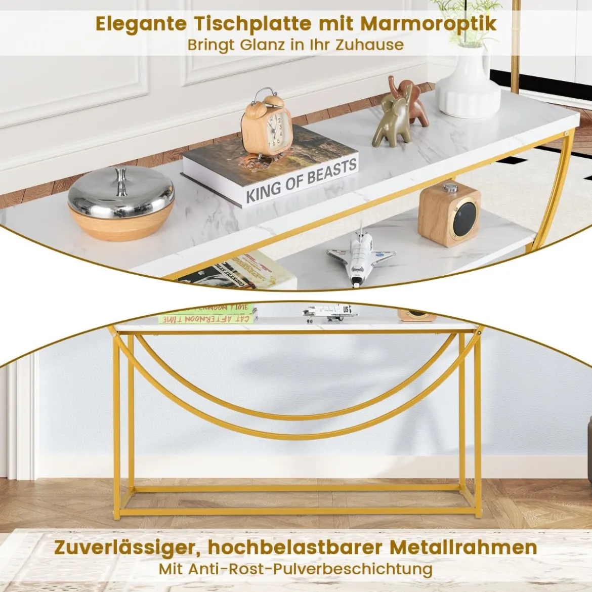 Schmaler Konsolentisch mit Marmorplatte 2 Ebenen Sofatisch Eingangstisch 120 x 30 x 80,5 cm