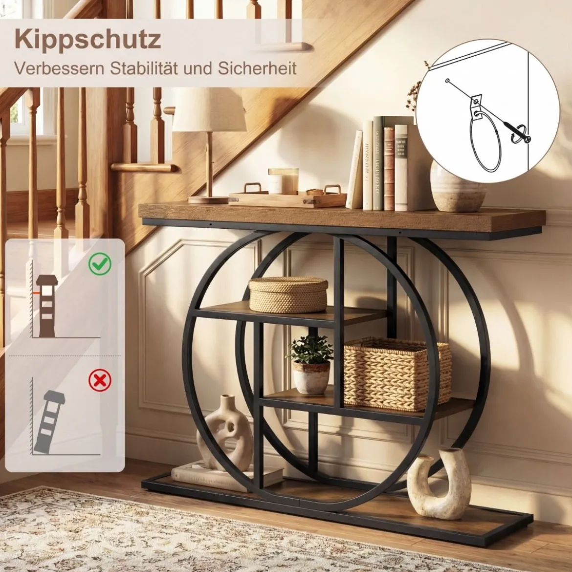 Schmaler Konsolentisch mit 4 Offenen Ablagen Industrieller Eingangstisch Flurtisch Braun