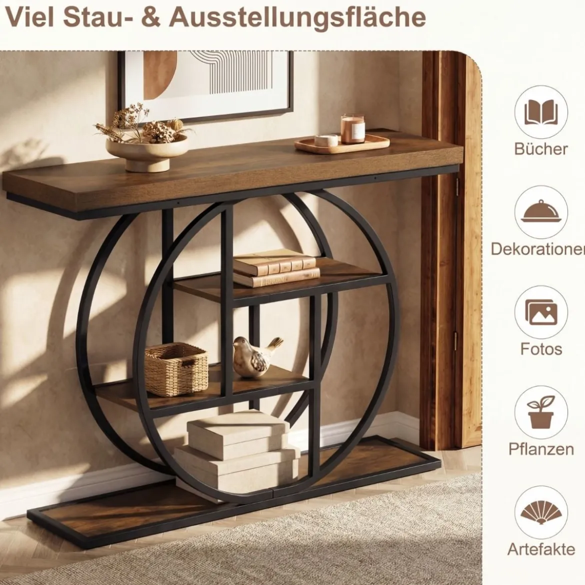 Schmaler Konsolentisch mit 4 Offenen Ablagen Industrieller Eingangstisch Flurtisch Braun