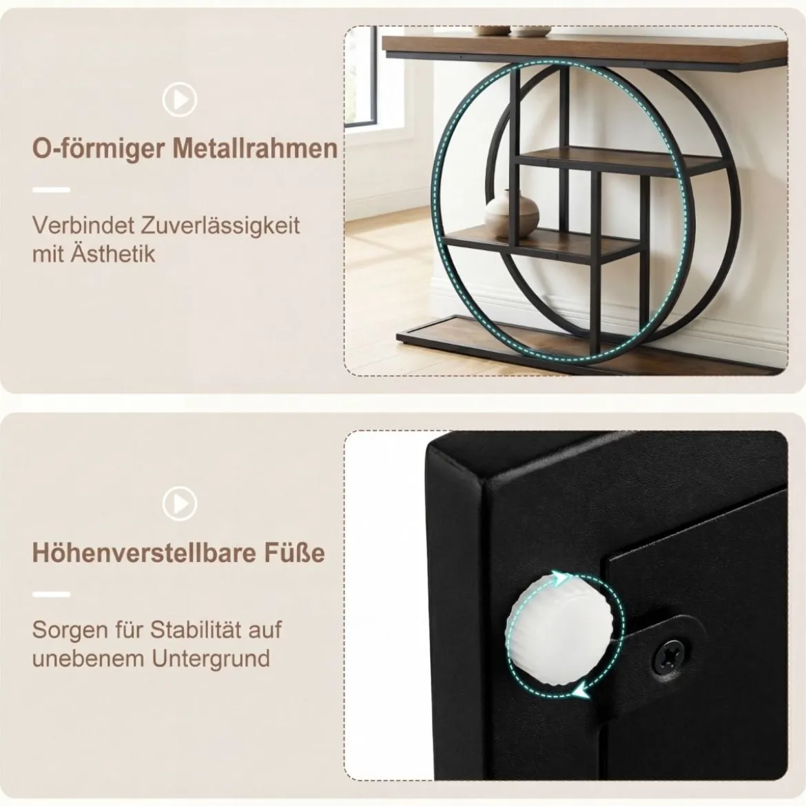 Schmaler Konsolentisch mit 4 Offenen Ablagen Industrieller Eingangstisch Flurtisch Braun