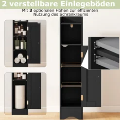 Schmaler Toilettenschrank mit Offenem Fach & 2 Verstellbare Ablagen Badschrank Schwarz