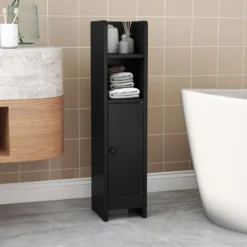 Schmaler Toilettenschrank mit 2 Offenen Fächern & 2 Abnehmbarer Ablage Badschrank Schwarz