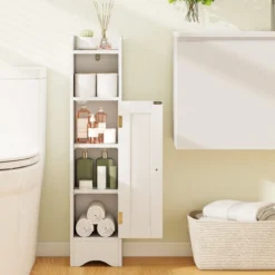 Schmaler Toilettenschrank mit Offenem Fach & 2 Verstellbare Ablagen Badschrank Weiß
