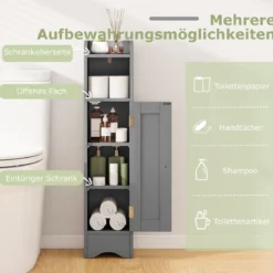 Schmaler Toilettenschrank mit Offenem Fach & 2 Verstellbare Ablagen Badschrank Grau