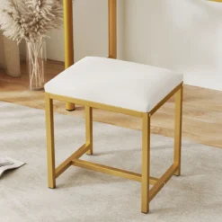Schminkhocker kleiner Make-up-Stuhl mit weicher gepolsterter Sitzfläche und modernen goldfarbenen Metallbeinen Weiß