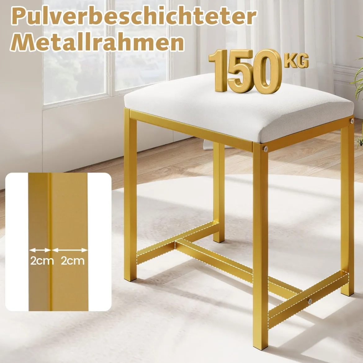 Schminkhocker kleiner Make-up-Stuhl mit weicher gepolsterter Sitzfläche und modernen goldfarbenen Metallbeinen Weiß