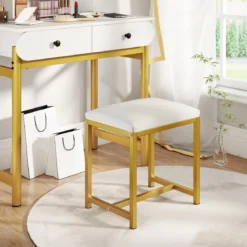 Schminkhocker kleiner Make-up-Stuhl mit weicher gepolsterter Sitzfläche und modernen goldfarbenen Metallbeinen Weiß
