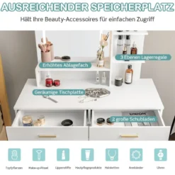 Schminkset mit Großem Spiegel Schminktisch mit Gepolstertem Hocker Weiß