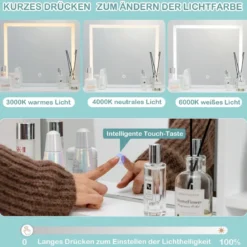 Schminkset mit Großem Spiegel Schminktisch mit Gepolstertem Hocker Weiß