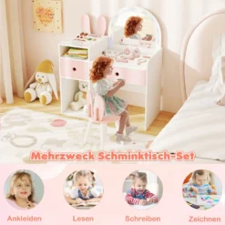 Schminktisch für Kinder mit Beleuchtung Kosmetiktisch mit beleuchtetem Spiegel Frisierkommode mit offenen Regalen Weiß