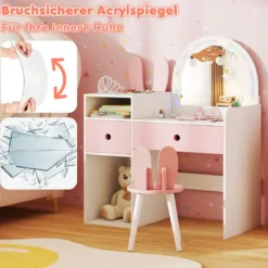 Schminktisch für Kinder mit Beleuchtung Kosmetiktisch mit beleuchtetem Spiegel Frisierkommode mit offenen Regalen Weiß