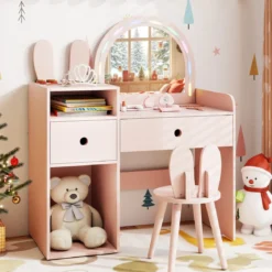 Schminktisch für Kinder mit Beleuchtung Kosmetiktisch mit beleuchtetem Spiegel Frisierkommode mit offenen Regalen Rosa
