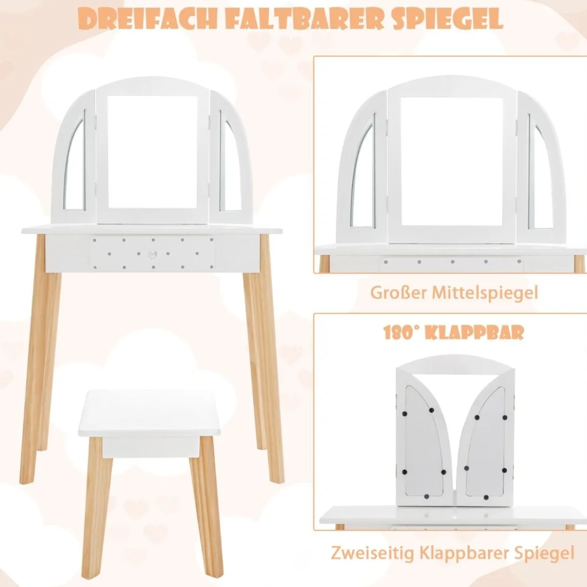 Schminktisch & Hocker aus Holz für Kinder mit klappbarem Spiegel 60 x 30 x 95 cm Weiß + Natur