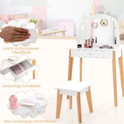 Schminktisch & Hocker aus Holz für Kinder mit klappbarem Spiegel 60 x 30 x 95 cm Weiß + Natur