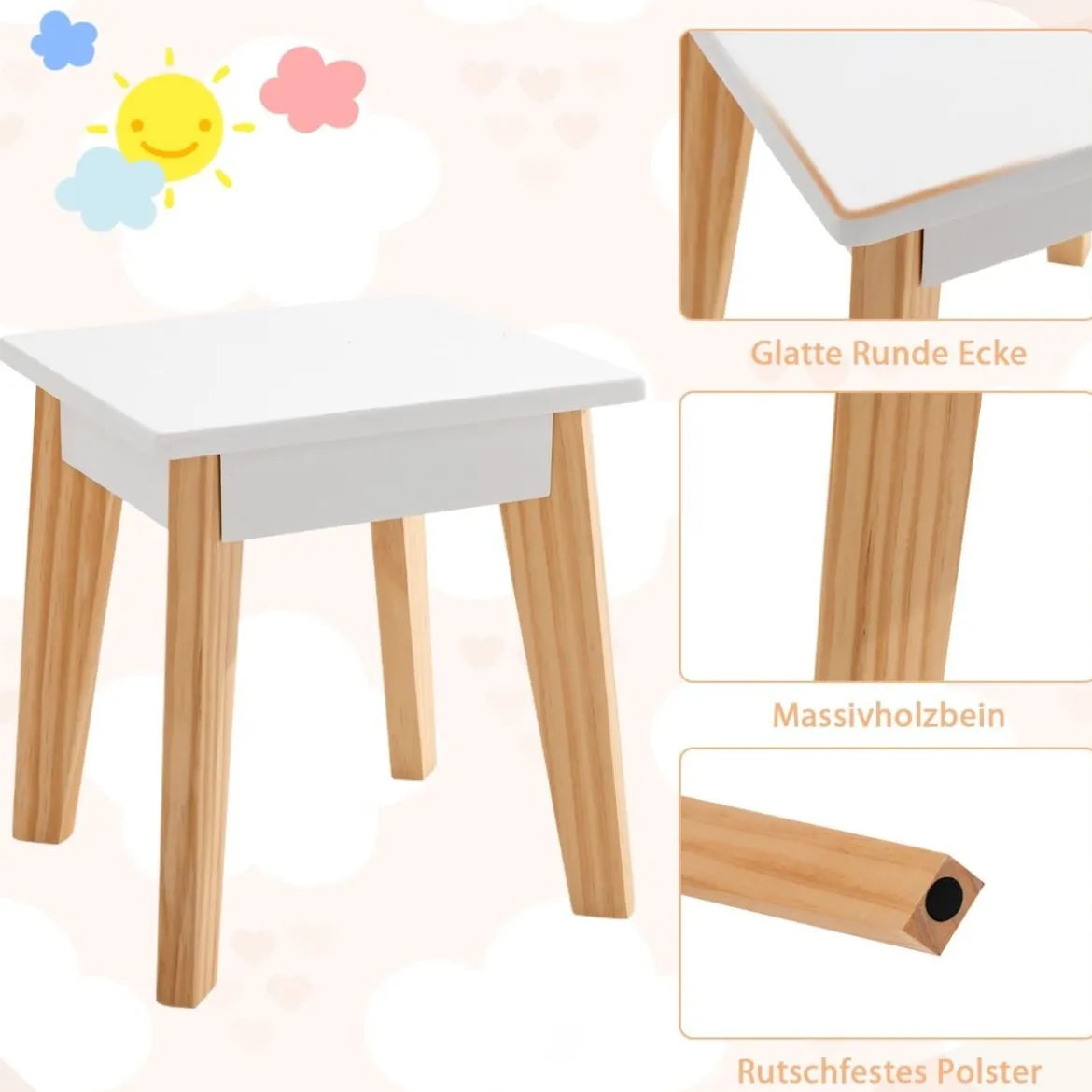 Schminktisch & Hocker aus Holz für Kinder mit klappbarem Spiegel 60 x 30 x 95 cm Weiß + Natur