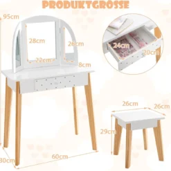 Schminktisch & Hocker aus Holz für Kinder mit klappbarem Spiegel 60 x 30 x 95 cm Weiß + Natur