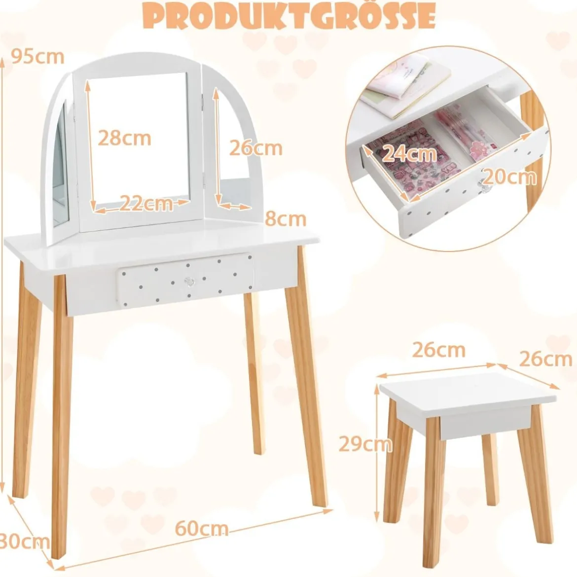 Schminktisch & Hocker aus Holz für Kinder mit klappbarem Spiegel 60 x 30 x 95 cm Weiß + Natur