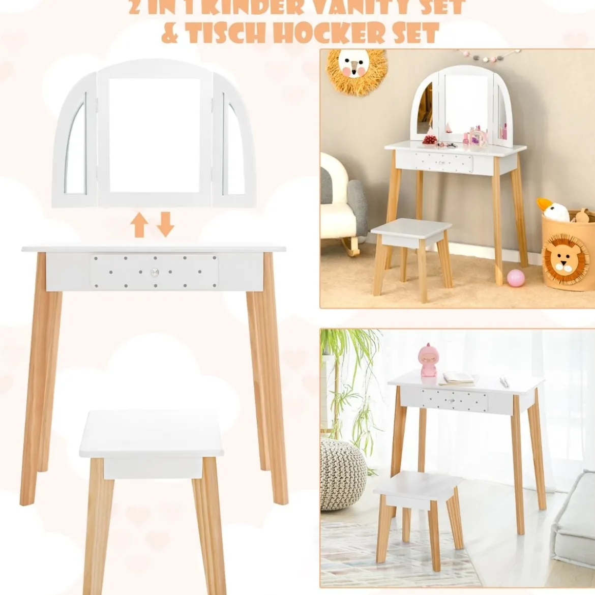 Schminktisch & Hocker aus Holz für Kinder mit klappbarem Spiegel 60 x 30 x 95 cm Weiß + Natur