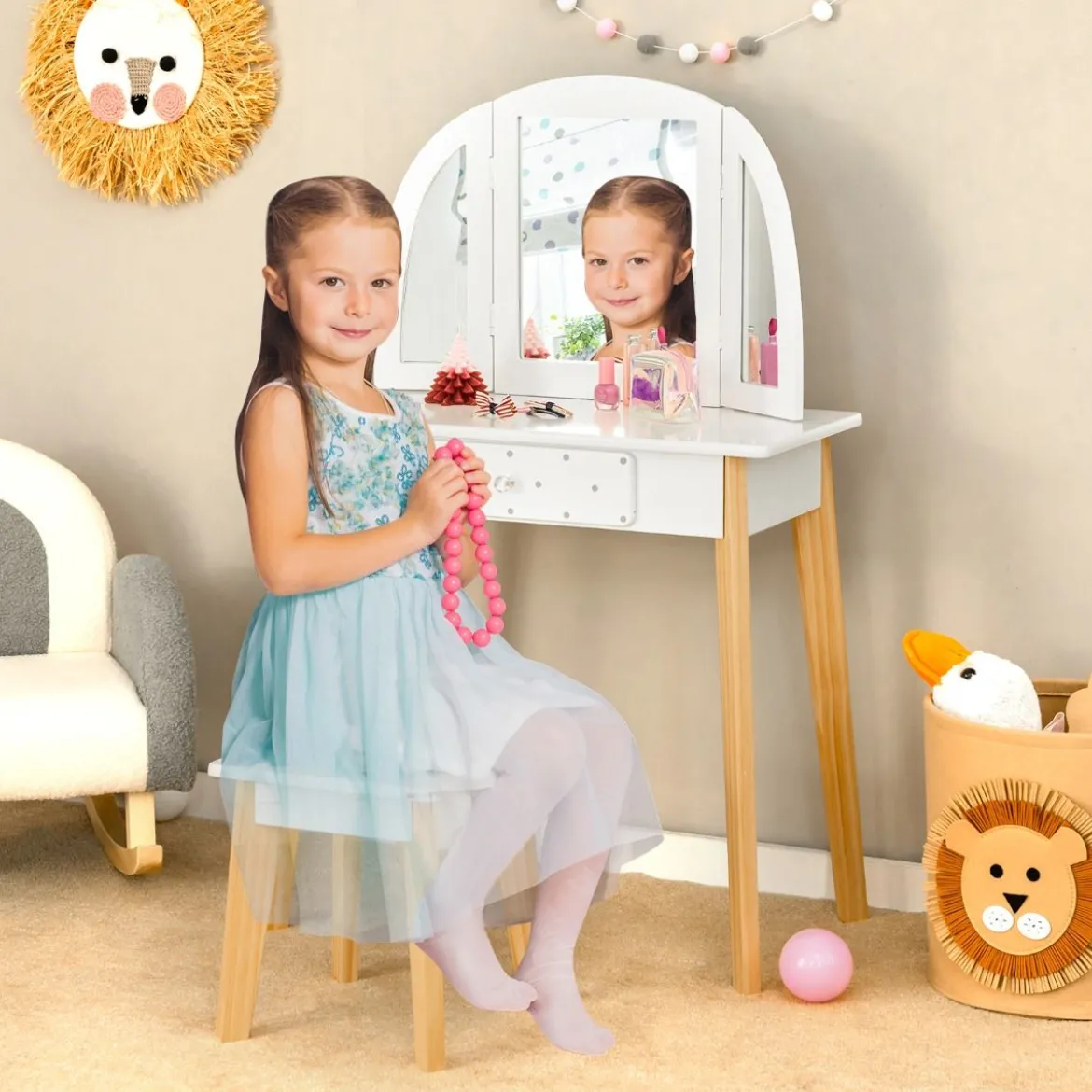Schminktisch & Hocker aus Holz für Kinder mit klappbarem Spiegel 60 x 30 x 95 cm Weiß + Natur