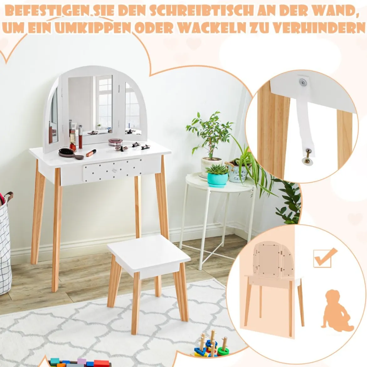 Schminktisch & Hocker aus Holz für Kinder mit klappbarem Spiegel 60 x 30 x 95 cm Weiß + Natur