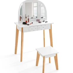 Schminktisch & Hocker aus Holz für Kinder mit klappbarem Spiegel 60 x 30 x 95 cm Weiß + Natur
