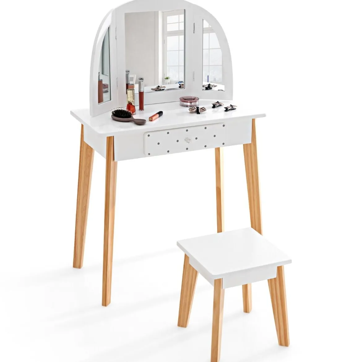 Schminktisch & Hocker aus Holz für Kinder mit klappbarem Spiegel 60 x 30 x 95 cm Weiß + Natur