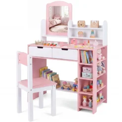 Schminktisch Kinder Frisiertisch mit Spiegel & Hocker Kosmetiktisch mit Regalen & 2 Schubladen Weiß