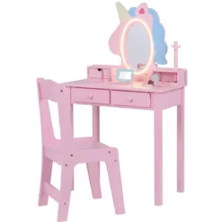 Schminktisch Kinder 2 in 1 Einhorn Frisiertisch mit abnehmbarem Spiegel & 2 Lichtfarben Rosa