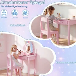 Schminktisch Kinder 2 in 1 Einhorn Frisiertisch mit abnehmbarem Spiegel & 2 Lichtfarben Rosa