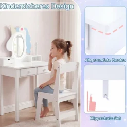 Schminktisch Kinder 2 in 1 Einhorn Frisiertisch mit abnehmbarem Spiegel & 2 Lichtfarben Weiß