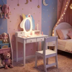 Schminktisch Kinder 2 in 1 Einhorn Frisiertisch mit abnehmbarem Spiegel & 2 Lichtfarben Weiß