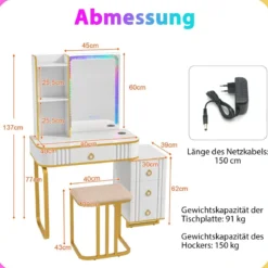 Schminktisch mit7 Dynamische & 7 Statischen Dimmbare LED-Beleuchtung Frisiertisch