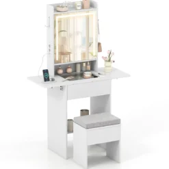 Schminktisch mit 3 Farbe LED Spiegel & Hocker & Steckdosen Frisiertisch Set Schmaler Kosmetiktisch
