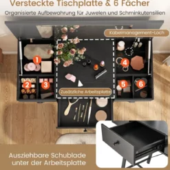 Schminktisch mit Großem Spiegel & Ladestation & Klappdeckel & Schublade Kosmetiktisch Schwarz