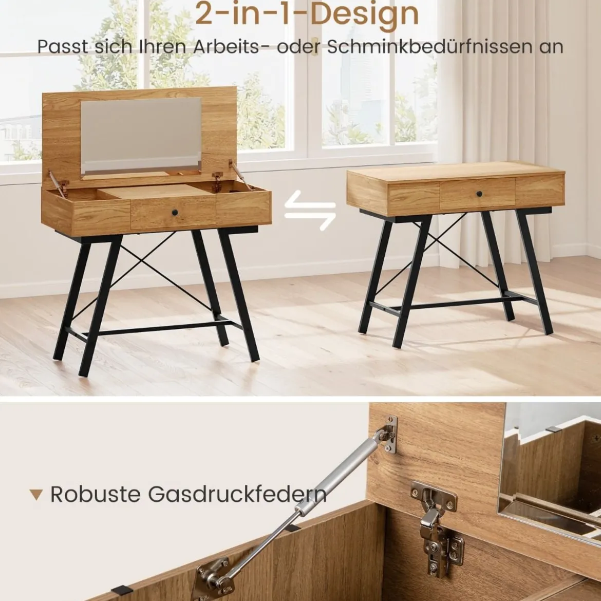 Schminktisch mit Großem Spiegel & Ladestation & Klappdeckel & Schublade Kosmetiktisch Natur