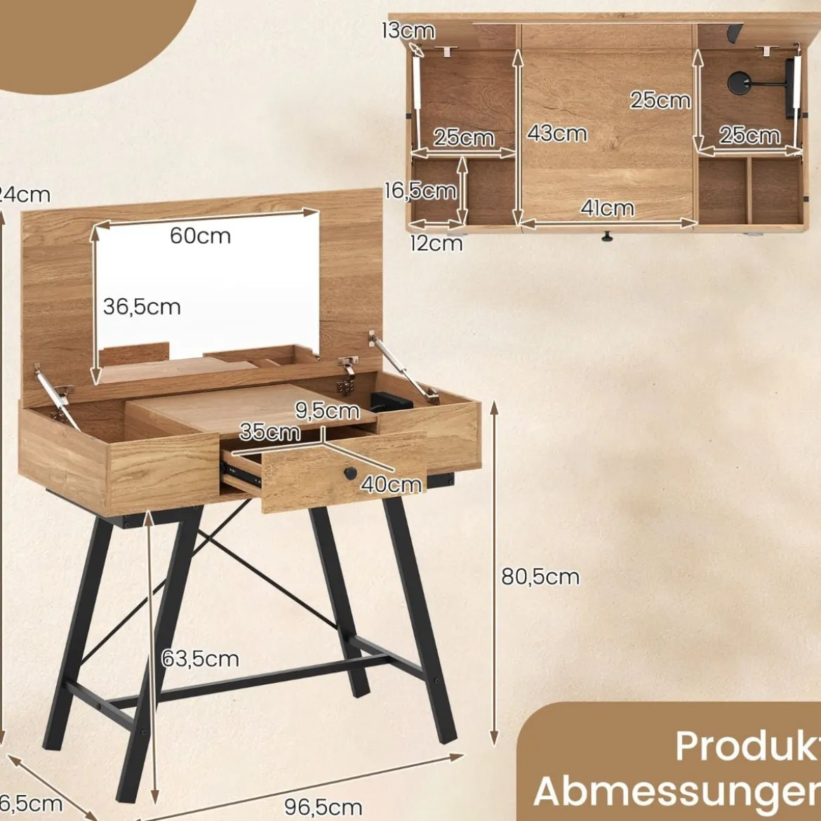 Schminktisch mit Großem Spiegel & Ladestation & Klappdeckel & Schublade Kosmetiktisch Natur
