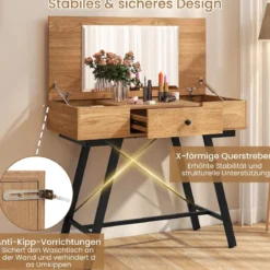 Schminktisch mit Großem Spiegel & Ladestation & Klappdeckel & Schublade Kosmetiktisch Natur